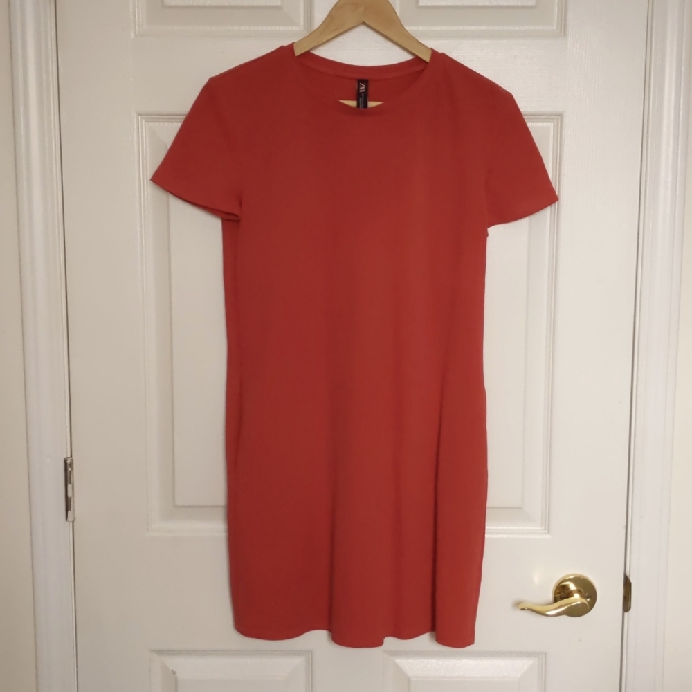 Zara Shift Dress, Size S, Burnt Orange/Red Color, Pullover, Pockets